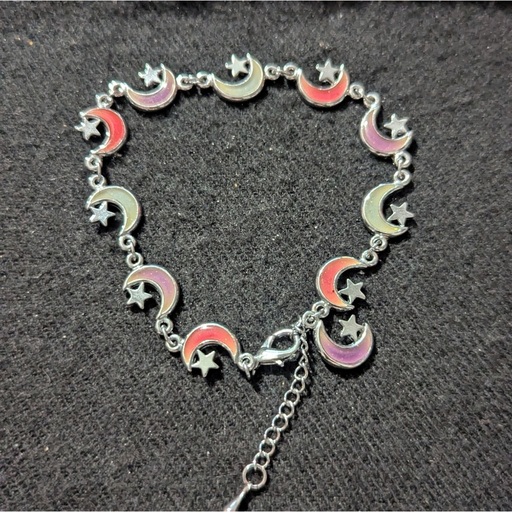 Y2K Silver Tone Pink Purple White Moon and Star Statement Bracelet